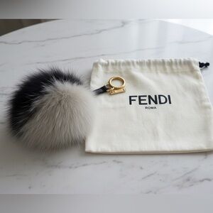 FENDI Bicolor Fox Fur Pom Pom Bag Charm Keychain Black & Cream Gold Hardware